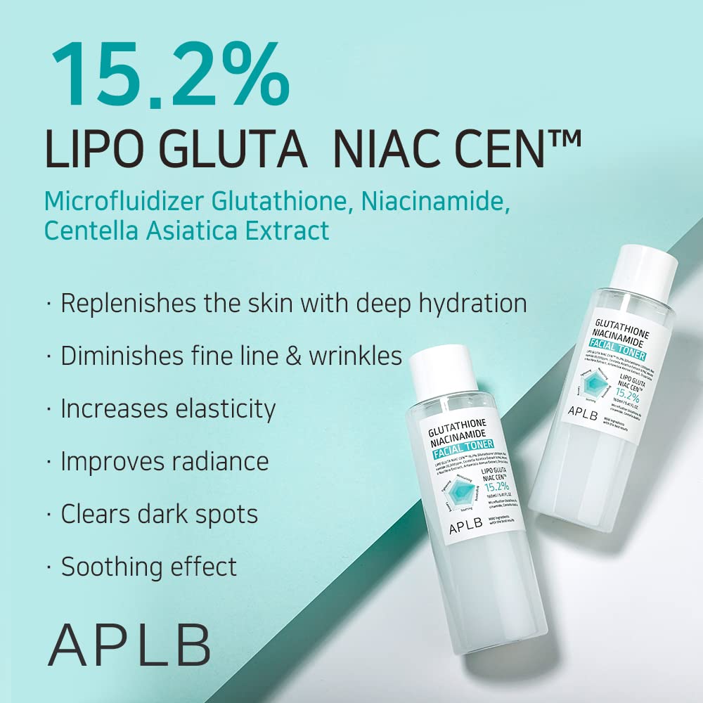 APLB Glutathione Niacinamide Facial Toner | LIPO GLUTA NIAC CEN™ 15.2% 5.41 FL.OZ/Korean Skincare, Replenishing Moisture, Revitalize for Gentle and Improve Skin Texture Through Niacinamide