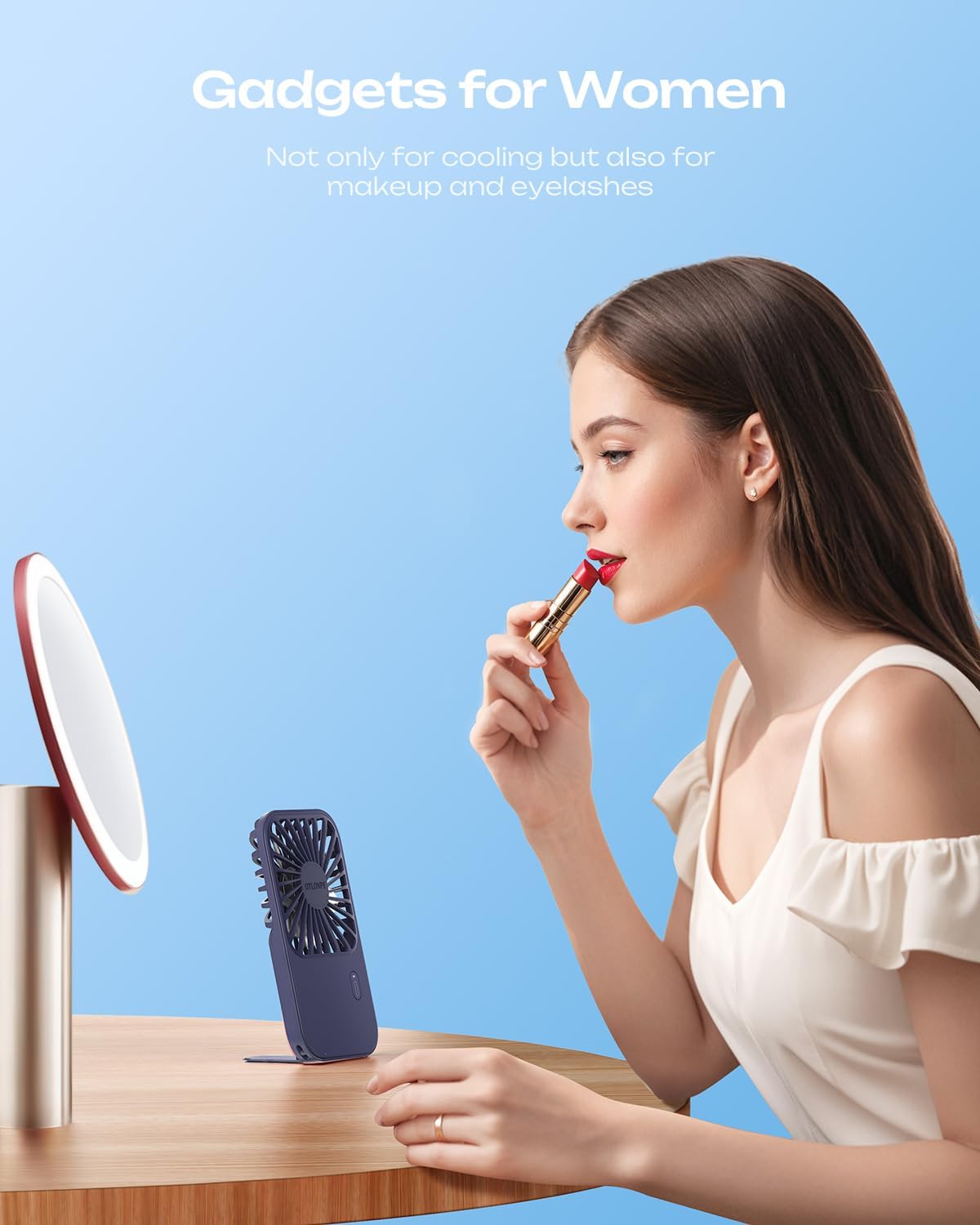 Otlonpe Rechargeable Mini Portable Handheld Fan, Small Personal Battery Powered Handheld Portable Fans for Hand Held Desktop Travel, Foldable Stand, Slim Cordless, Wrist Strap, 3-Speed (Blue)