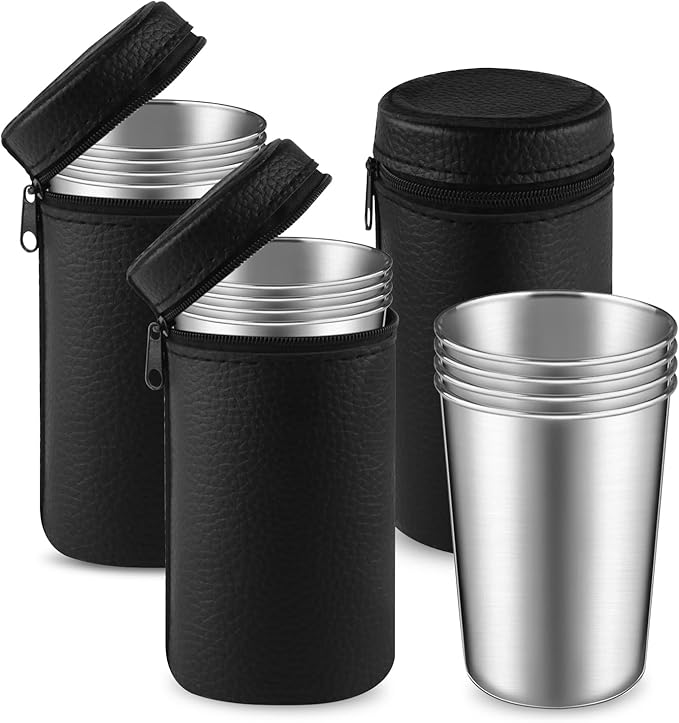 3 Set/12Pcs 170ml Stainless Steel Cups with Storage Bag Metal Drinking Cups Stackable Water Tumblers for Bar Home Travel Office Outdoor Camping,4 Pcs/Set,Dishwasher Safe