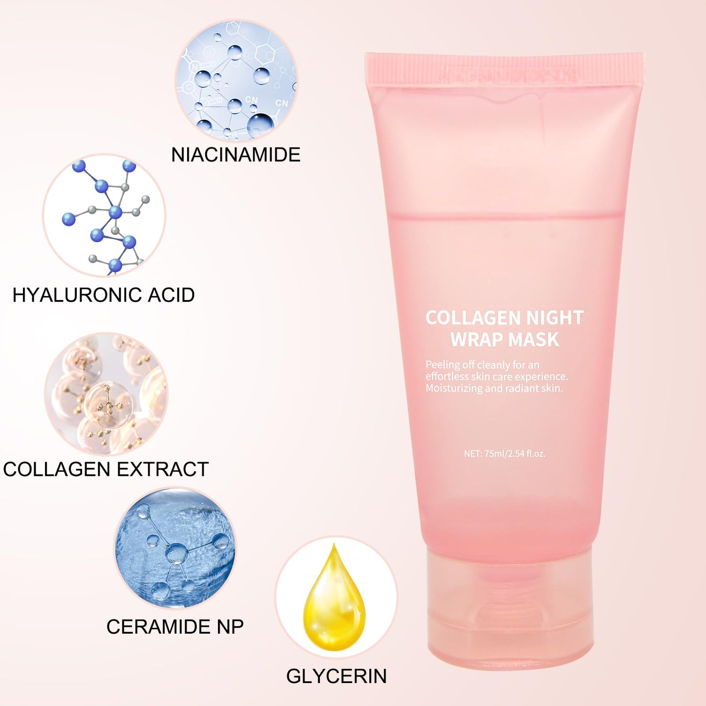 2025 Collagen Overnight Wrapping Peel Off Facial Mask with Jelly Brush, Elasticity & Hydration, Natural Ingredients for Firmer Skin, Reduces Sagging & Dullness, Korean Skin Care（75ml, 2.54 fl.oz)