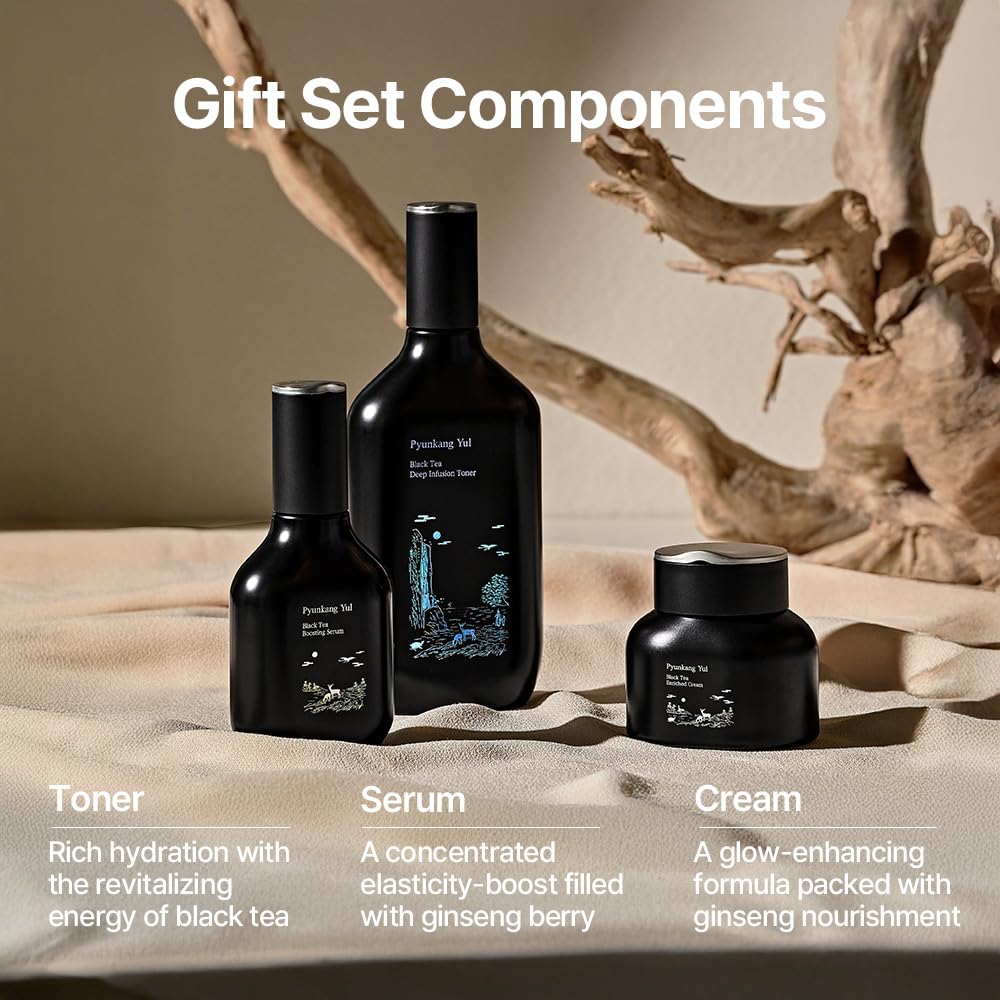 Pyunkang Yul PKY Black Tea Line Gift Box Set, Deep Nurishment for Anti-aging, Rich Moisture Toner, Revitalizing Serum & Nourishing Cream, Zero-Irritation (3-item set)