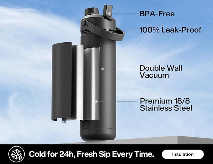 26 oz Insulated Water Bottle with 2-in-1 Straw and Spout Lid, Glow-in-the-Dark, 24H Cold, Leakproof, Fits in Car Cup Holder, Stainless Steel for Sports, Travel, and School (Midnight Mirage)