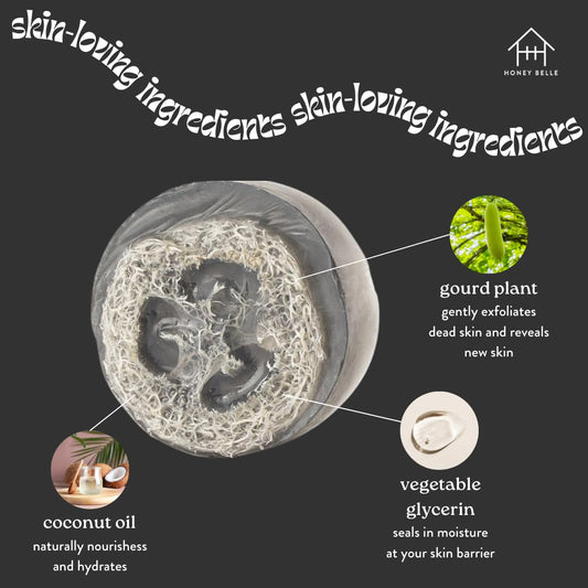 Honey Belle Charcoal Bamboo Exfoliating Loofah Soap 2-Pack - Exfoliating Bar Soap with Loofah Inside - Cleansing, Moisturizing, Nourishing, Scrubby Soap - Plant-Based, Eco-Friendly, Vegan