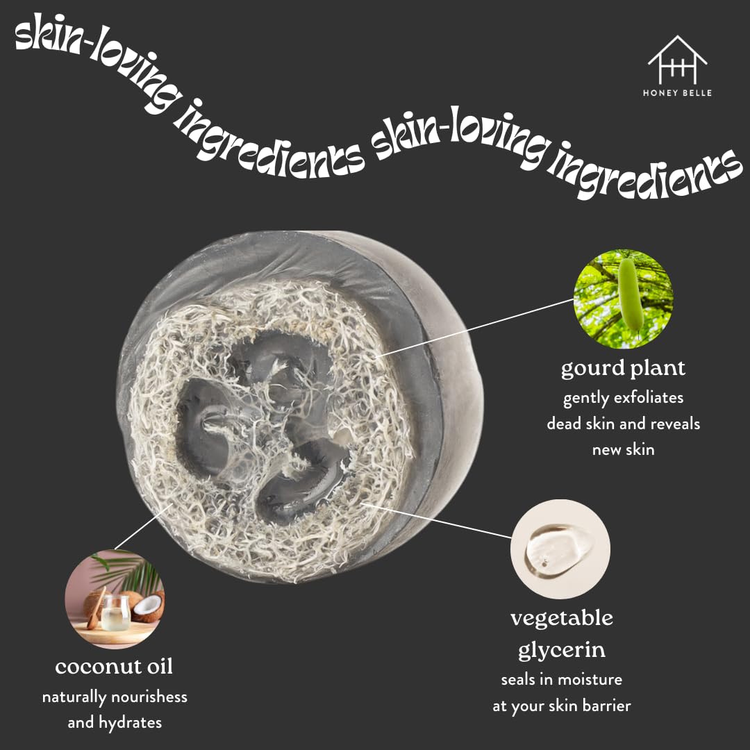 Honey Belle Charcoal Bamboo Exfoliating Loofah Soap 2-Pack - Exfoliating Bar Soap with Loofah Inside - Cleansing, Moisturizing, Nourishing, Scrubby Soap - Plant-Based, Eco-Friendly, Vegan
