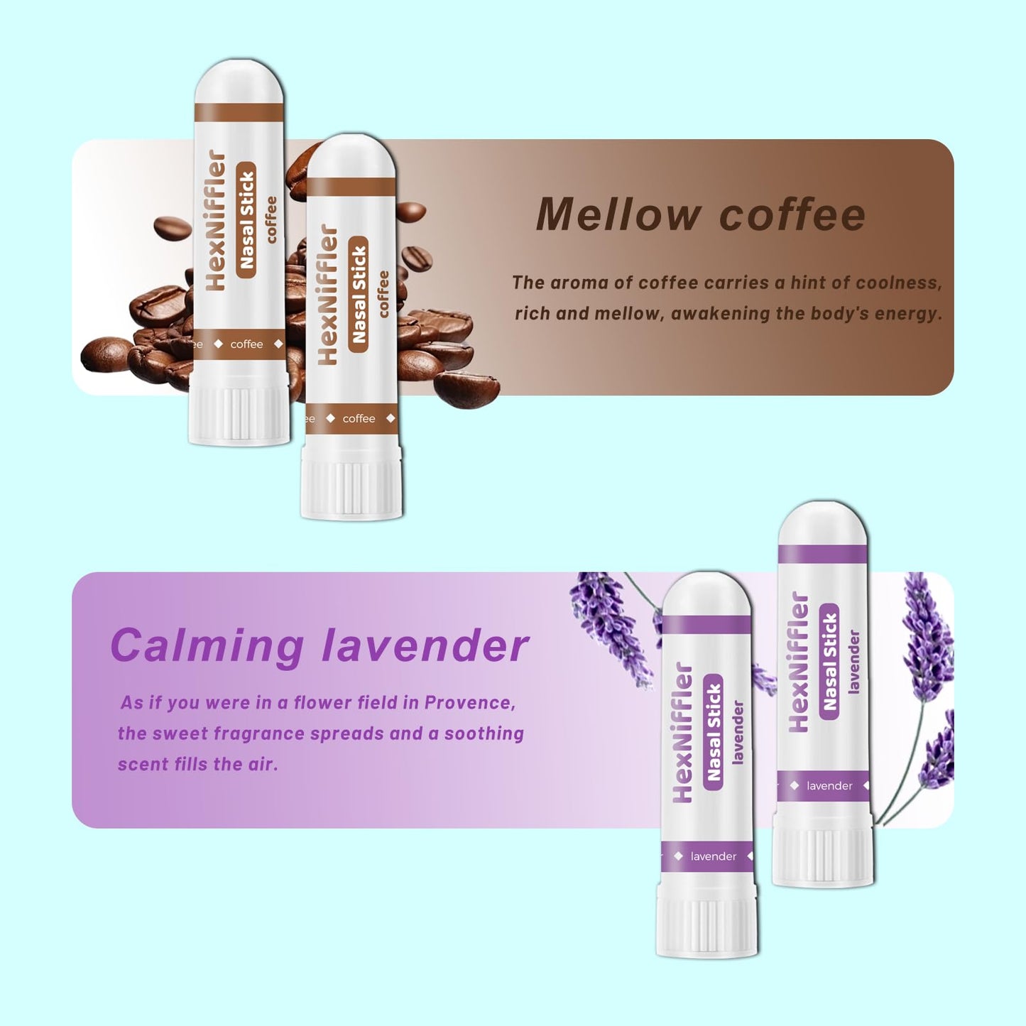 Nasal Stick, Essential Oil Vapor Inhaler, Natural Ingredients, Breathe Freely，Boosts Mood, On-The-Go Portable Nasal Inhaler for Adults, 4Pack(Mint, Lavender, Green Tea,Coffee) (4 Pack Variety)