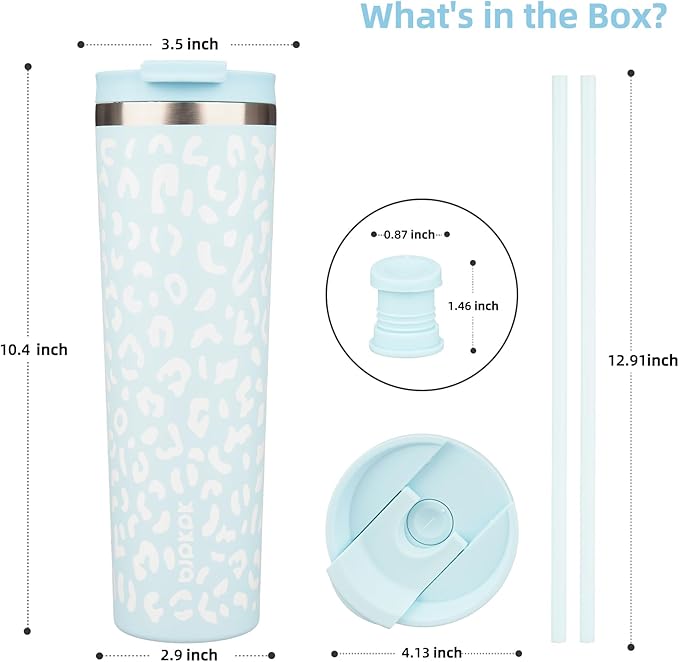 BJPKPK 34oz Tumbler With lid And Straw Stainless Steel Travel Coffee Mug Insulated Tumblers Cups,Light Blue Leopard