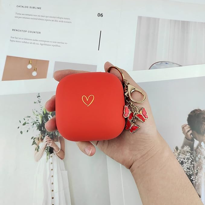 Compatible with Powerbeats Pro, Soft Silicone Case with Gold Heart Pattern for Powerbeats Pro Case with Cute Butterfly Keychain for Girls Women (Red)