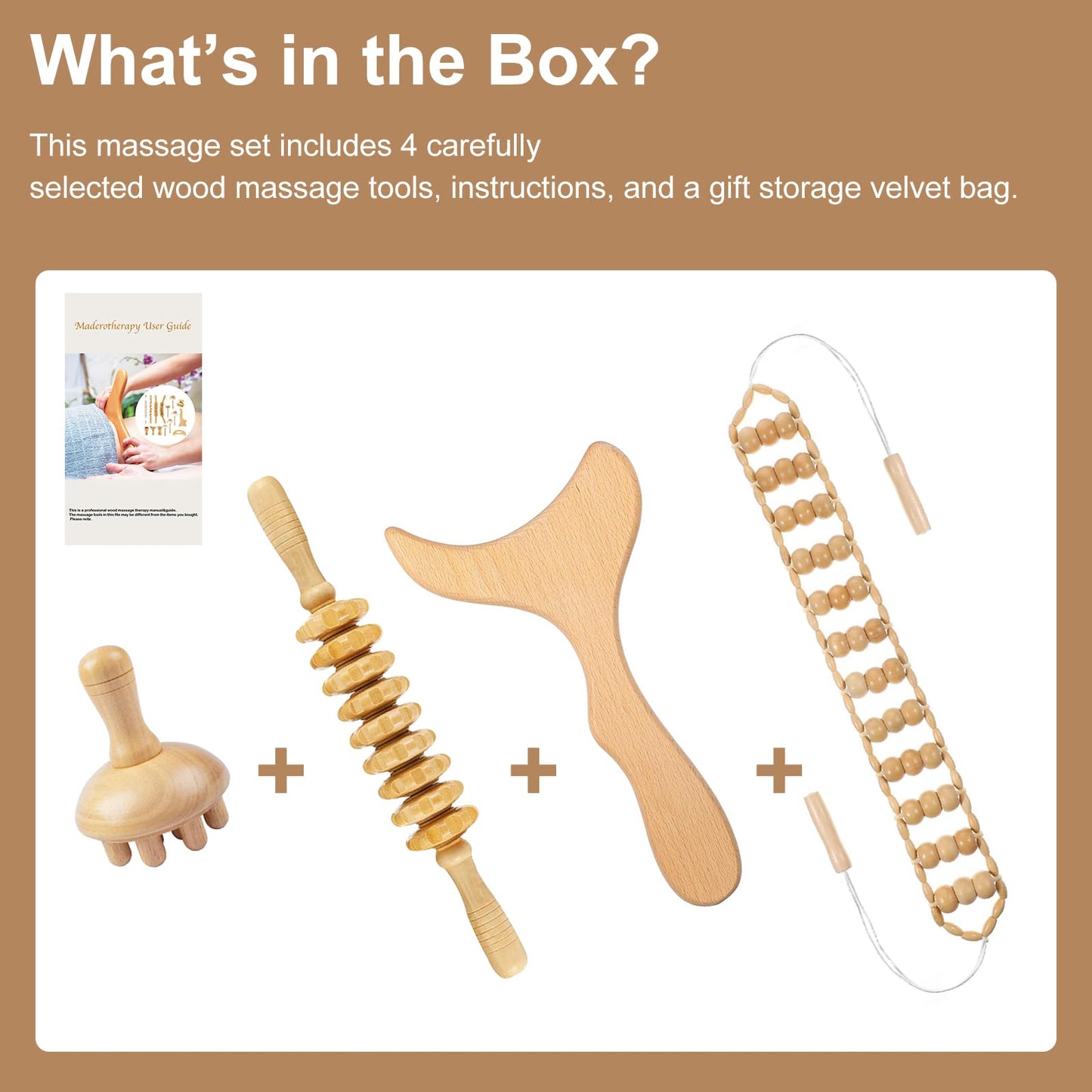 4-in-1 Wood Therapy Massage Tools Lymphatic Drainage Massager for Muscle Pain Relief, Maderoterapia Kit Body Sculpting Tools for Anti-Cellulite, Body Shaping