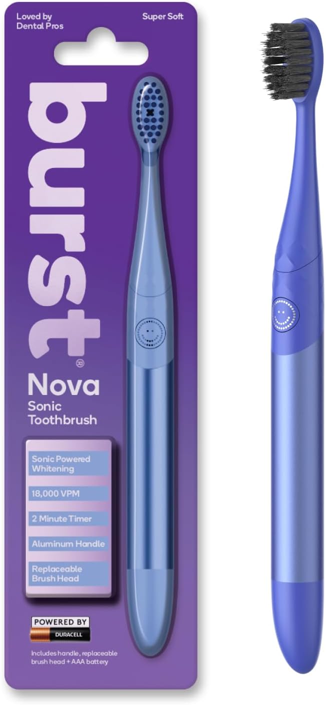 Burst Nova Toothbrush (Blue) | Sonic Powered Teeth Whitening | Super-Soft Bristles | 18000 VPM | 2 Minute Timer | Aluminum Handle | Replaceable Brush Head | Compact Size | with AAA Battery