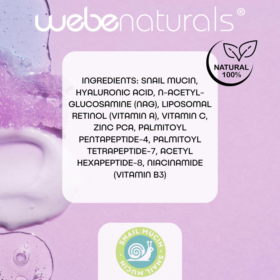 WEBE Naturals Snail Mucin Retinol 1.5% Radiant Renewal Serum | Niacinamide 5%, Vitamin C, Peptide Booster, Hyaluronic Acid & Zinc PCA | Anti-Aging Plumping Intense Moisture Lock, Glowing Smooth Skin