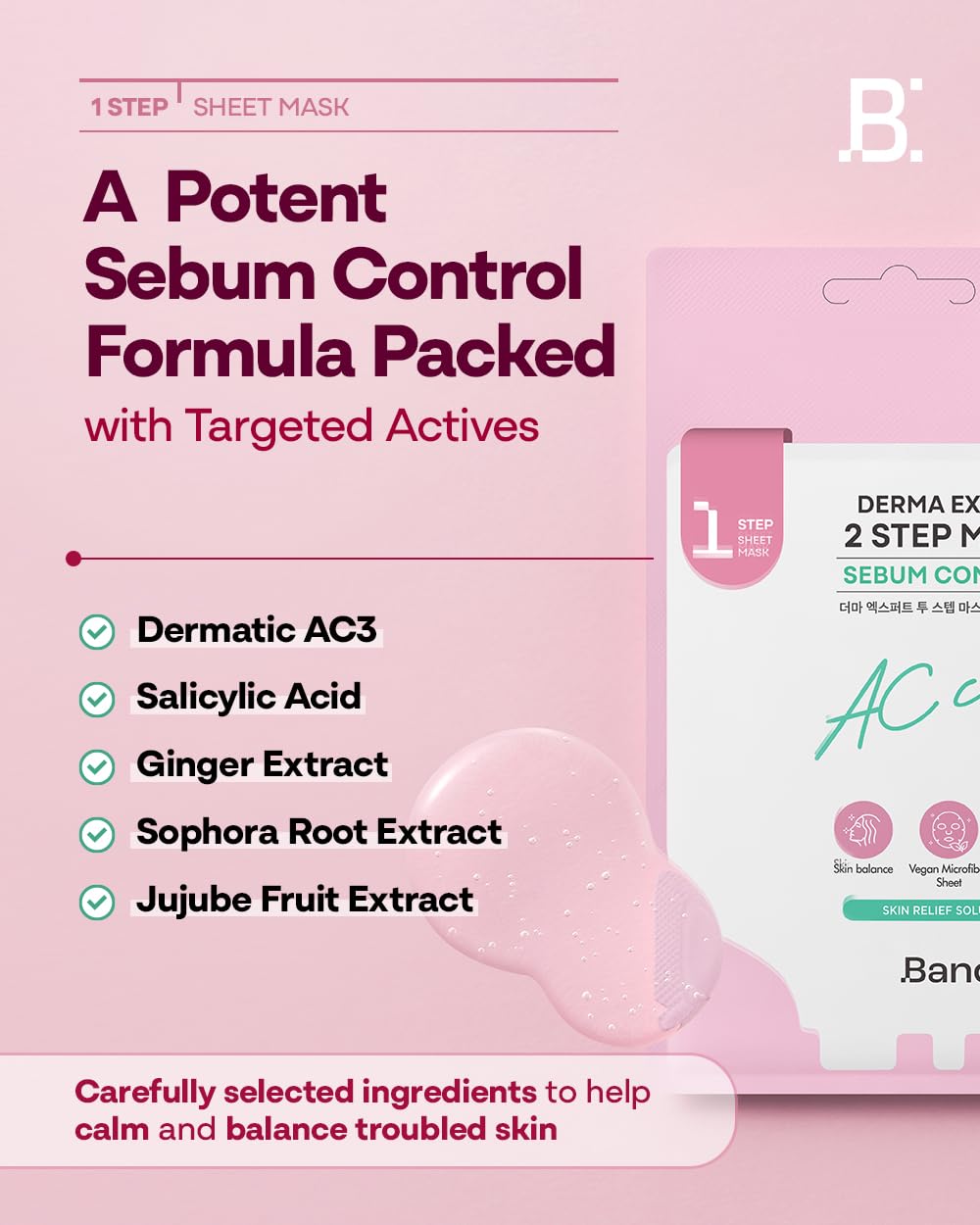 Bano Derma Expert 2 Step Sebum Control Face Mask – 2 in 1 Soothing Sheet & Sleeping Mask with Salicylic Acid, Niacinamide & Hyaluronic Acid | Support Glow for Glass Skin | Korean Skincare | 7 Sheets