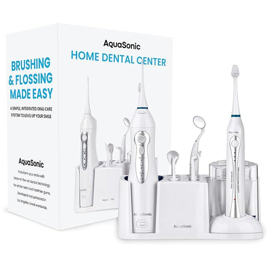 AquaSonic Home Dental Center Rechargeable Power Toothbrush & Smart Water Flosser - Complete Family Oral Care System - 10 Attachments and Tips Included - Various Modes & Timers (White)