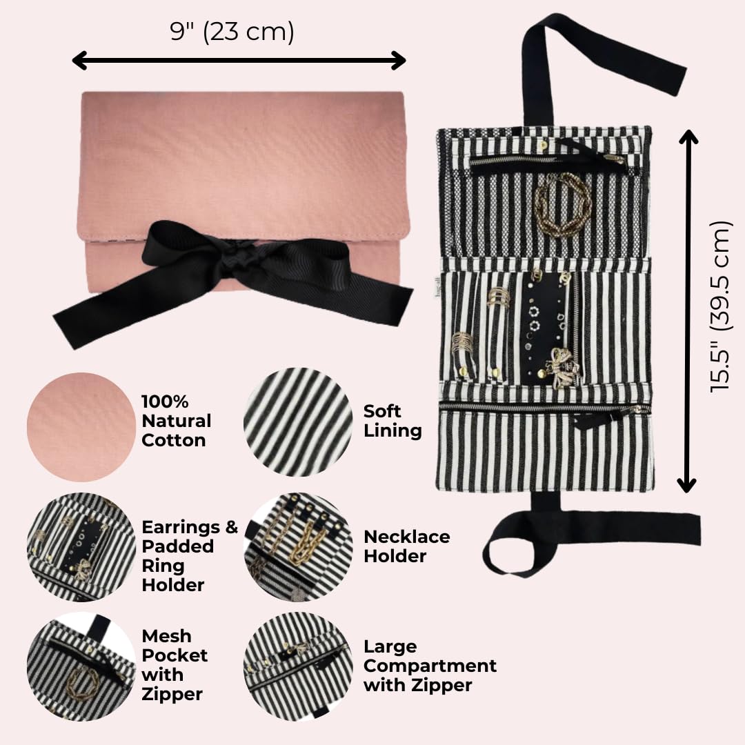 Bag-all Travel Jewelry Roll | Flat Roll Up Jewelry Organizer Case | Compact Traveling Necklace Organizer | Traveling Pouch for Jewellery | Pink/Blush