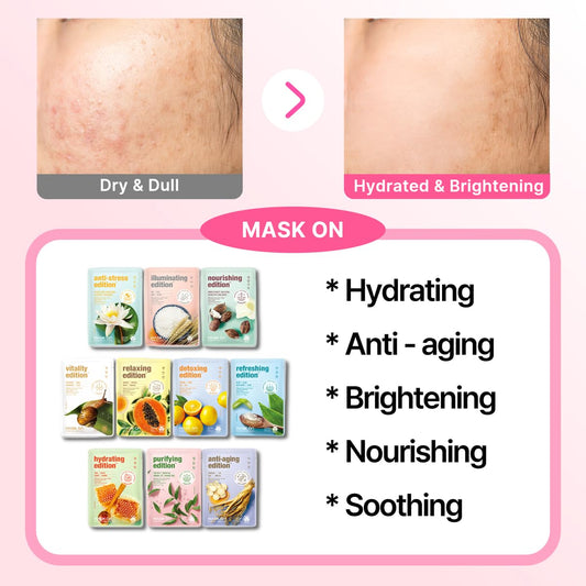 [MASK ON] Korean Moisturizing Face Masks Skincare (10 PACK) – Hydrating & Anti-aging Daily Care Facial Mask Bulk for All Skin Type with 10 Natural Ingredients - Great for Self care & Gift Box