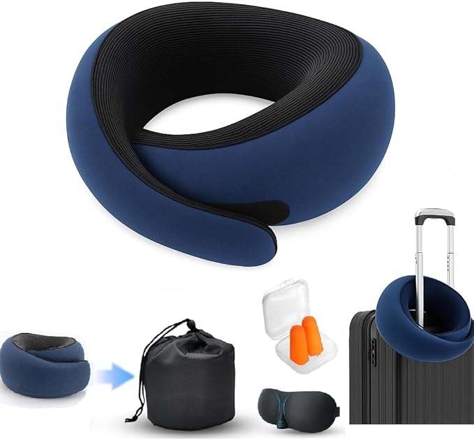Travel Pillow, Travel Pillows for Airplanes, 100% Pure Memory Foam Travel Neck Pillow with Eye Mask & Ear Plugs, Comfort and Ergonomic Design, Ideal for Airplanes, Cars and Offices