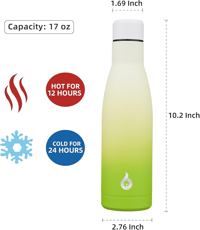 BJPKPK Insulated Water Bottle 17oz Stainless Steel Water Bottles Dishwasher Safe Reusable Metal Thermal Keep Cold and Hot,Elegant Green