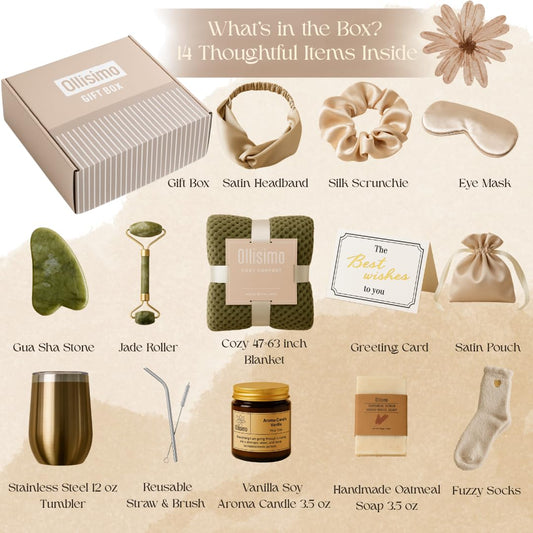 Ollisimo Luxury Gift Basket for Women – Spa Self Care Kit, Hug in a Box, Get Well Soon Package, Thinking of You Gift, Birthday Box, Relaxing Set, Sympathy Present for Her, Mom, Wife, Sister, Friend