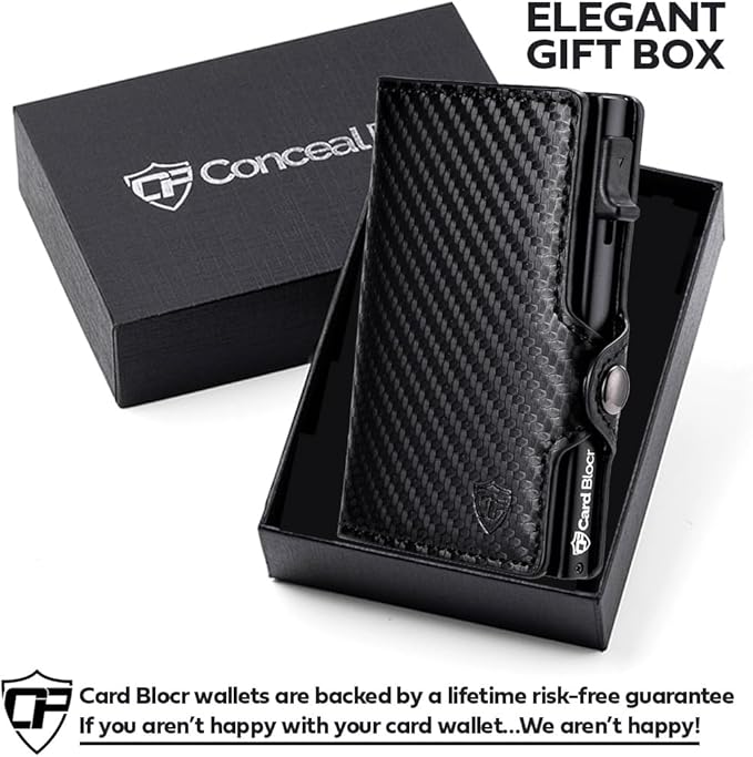 Card Blocr Pop Up Credit Card Wallet, RFID Blocking Credit Card Holder for men, Cool Wallets for Men in Carbon Wallet Design, Compact Card Holder Wallet for Secure Storage (Black PU Carbon Fiber)