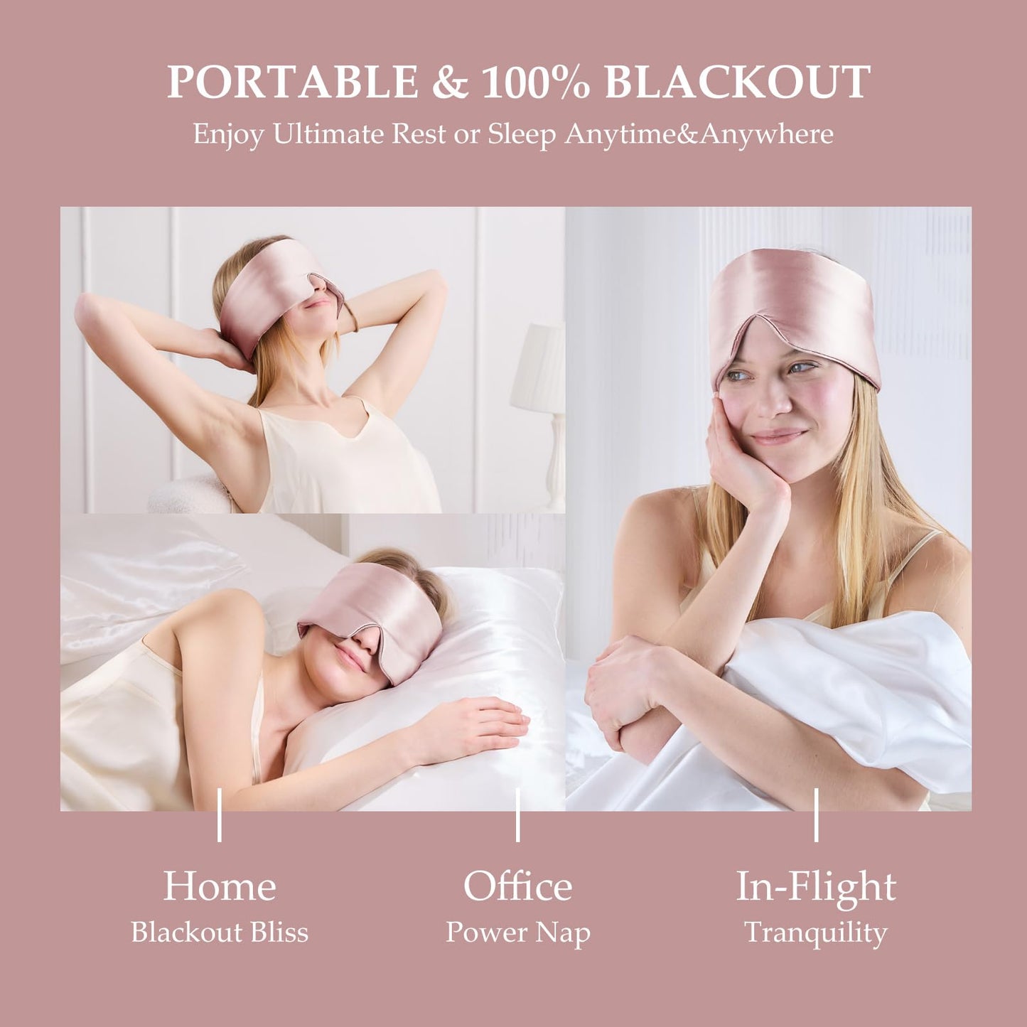 SGMSILK 100% Mulberry Silk Sleep Mask, Large Size Travel Eye Masks for Side Sleepers, Adjustable Sleeping Mask for Women and Men, 100% Blackout Eye Mask for Sleeping Soft Pink