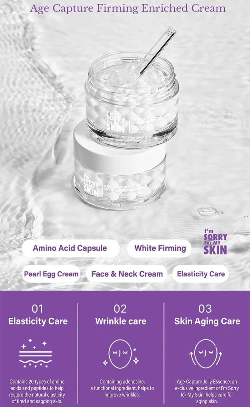 I'M SORRY FOR MY SKIN Age Capture Facial Cream, Korean Skin Care Moisturizer for Face and Neck with Hyaluronic Acid, Anti-Aging, Wrinkle Gel-Cream for Women (White - Firming Enriched Cream, 1.76 oz)