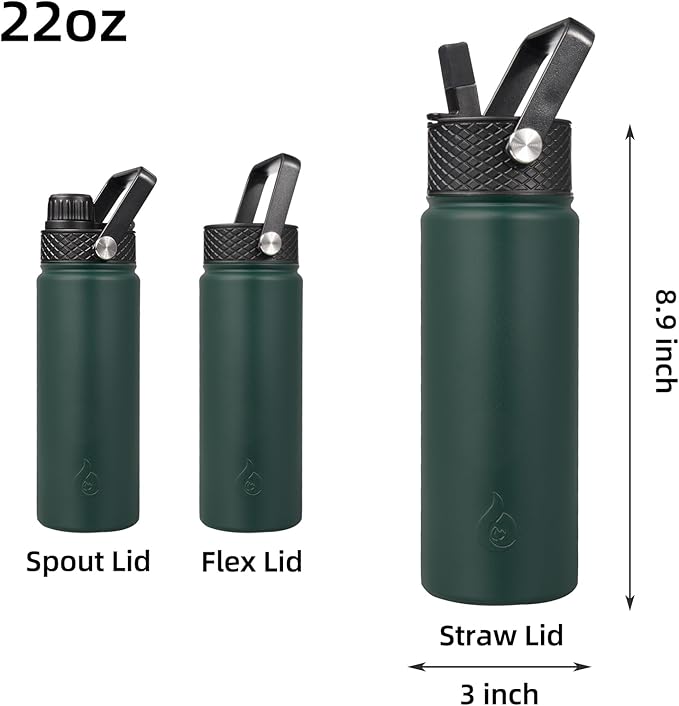 BJPKPK Insulated Water Bottles with Straw Lid, 22oz Cold & Hot Thermo, Stainless Steel Metal Water Bottle with 3 Lids, Reusable Thermo, Cups, Mugs for Daily Use-Army Green