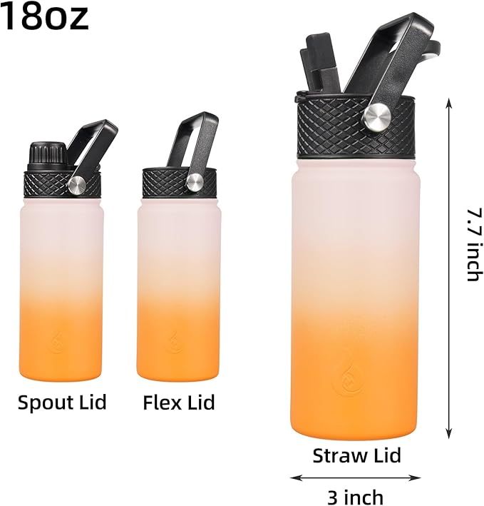 BJPKPK Insulated Water Bottles with Straw Lid, 18oz Stainless Steel Metal Water Bottle, Cold Hot Thermo with 3 Lids, Leak Proof BPA Free Travel Cup, Wide Mouth Flasks, Thermo -Coral