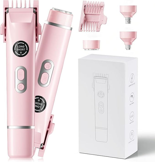 Bikini Trimmer for Women, 4 in 1 Wet/Dry Electric Razors for Women - Dual Head, Painless Rechargeable Portable Womens Razors for Shaving Set for Face, Nose, Eyebrows, Armpits, Bikini Area (Pink)