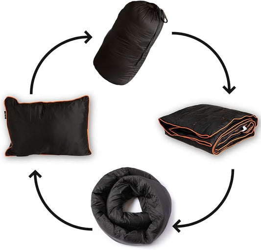 Ripstop Outdoor Camping Pillow 3-in-1, Versatile Lightweight Nylon Waterproof Stadium Blanket, Ultralight Backpacking Essentials, Travel Set - Black and Orange