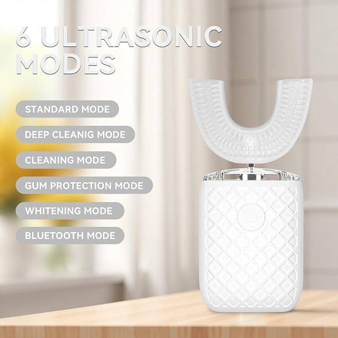 Adult u-Shaped Electric Toothbrush, 360 ° Cleaning, ultrasonic Toothbrush for Cleaning Teeth, Wireless Rechargeable Automatic Toothbrush Set (Milky White)