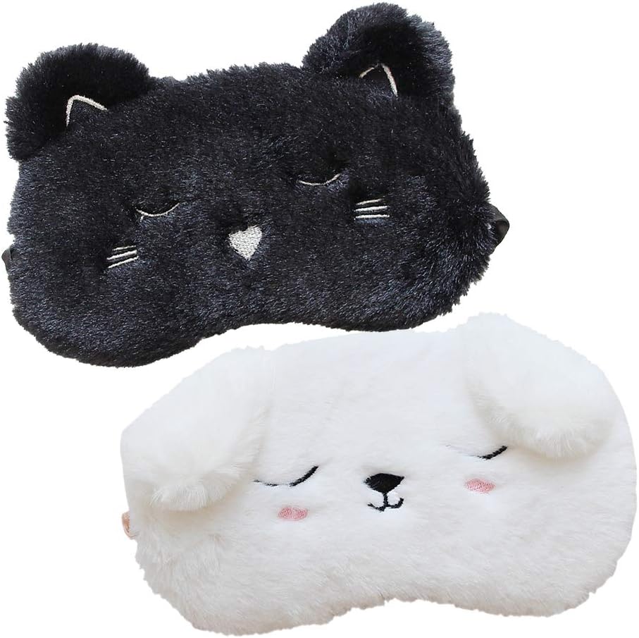 Shinywear 2 Pcs Cute Sleepping Eyemask Black Cat & White Dog Animal Cartoon Style Silk Feeling Plush Eye-Shade Cover Blinder