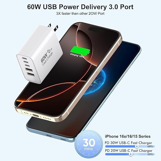 3-Pack Apple Charger Fast Charging,PD 60W 5 in 1 Multiport USB C Wall Charger Block Fast Charging, iPhone 16 Plug Wall Cube Quick Charge for iPhone16/16e/16 Pro/15Pro Max/14/13/12/11/XS/XR/SE2022,iPad