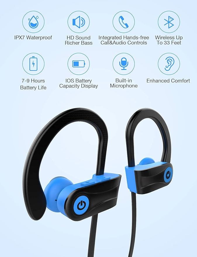 Bluetooth Headphones, Otium Wireless Sports Earbuds, Waterproof IPX7 w/Mic, HD Stereo in-Ear Earphones, Case, Fast Pairing, Gym Running Workout, 10 Hrs Battery Noise Cancelling Headsets