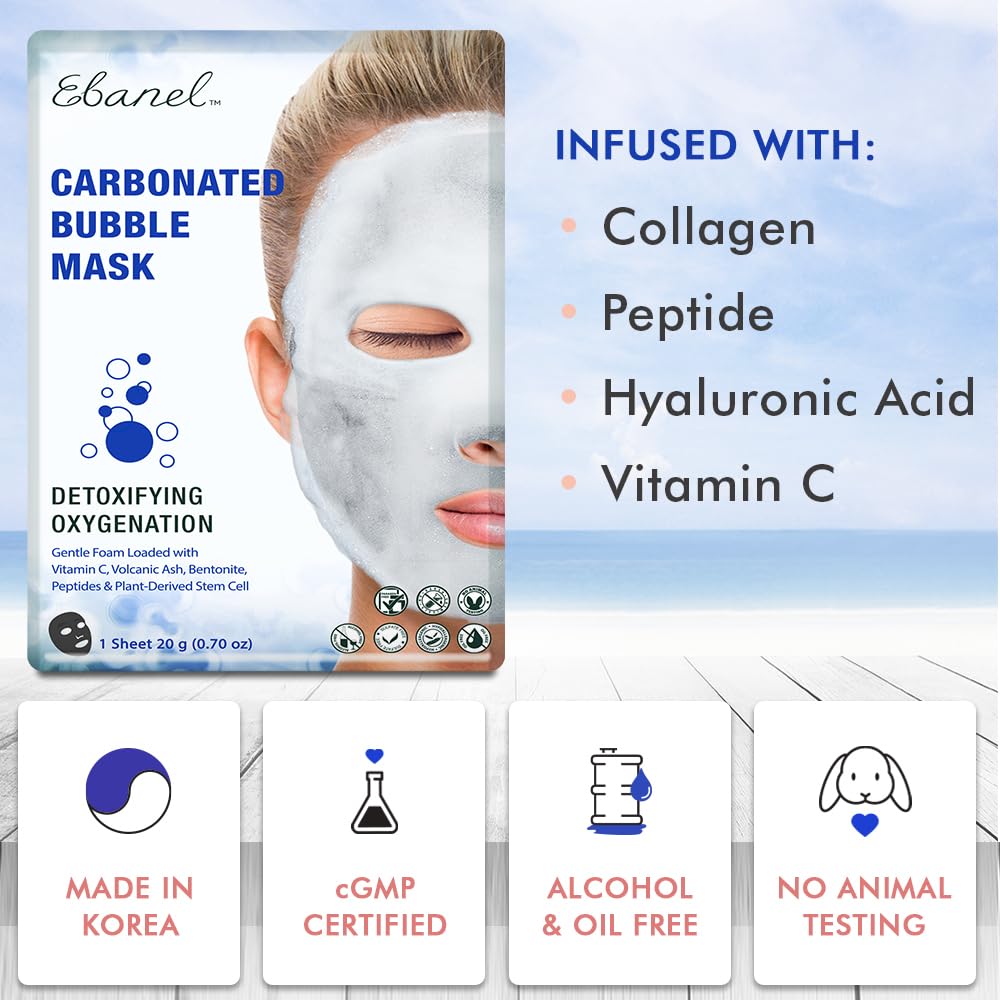 Ebanel 10 Pack Carbonated Bubble Clay Mask, Deep Cleansing Face Mask, Volcanic Ash and Bentonite Clay Masks with Collagen Peptides, Vitamin C, Hyaluronic Acid, Niacinamide