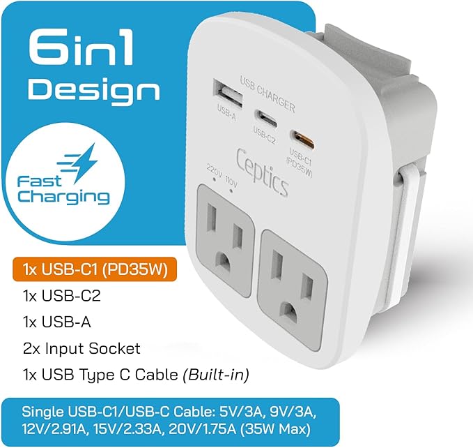 Ceptics Universal Travel Adapter Kit – 2 USA sockets, 2 USB-A (1x QC 3.0) and USB-C cable, Surge Protected, Plugs for EU, UK, China, AU, Japan - Use with Laptop, Phones, Cameras - ETL Tested