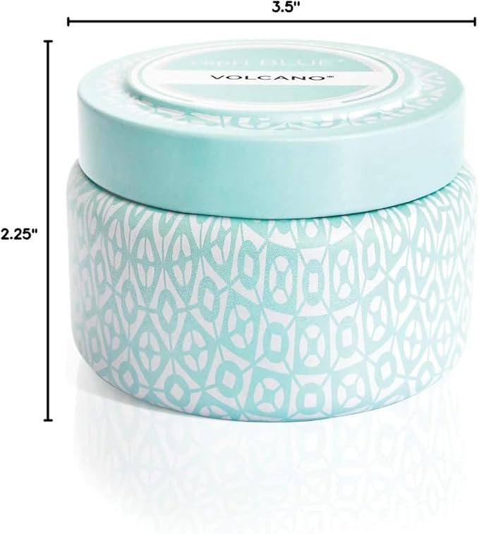 Capri Blue Volcano Printed Travel Tin Jar Candle - Luxury Candle with a Long Lasting Soy Wax Blend - Scented with Tropical & Fruity Fragrance (Aqua Color, 8.5 oz)