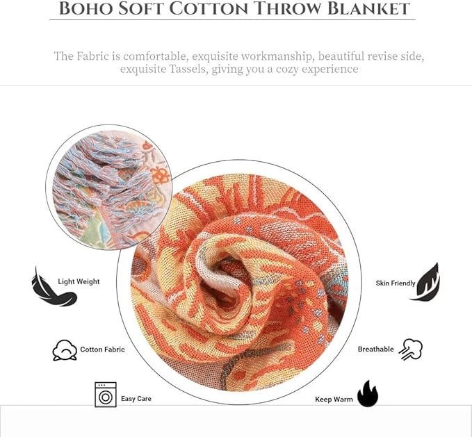 Boho Throw Blankets for Bed Couch, 100% Soft Cozy Cotton Rustic Quilt 80"x90",Lightweight Reversible Muslin Farmhouse Decor Fall Throw Blankets for Armchair,Picnic,Sofa,Couch Best Gifts