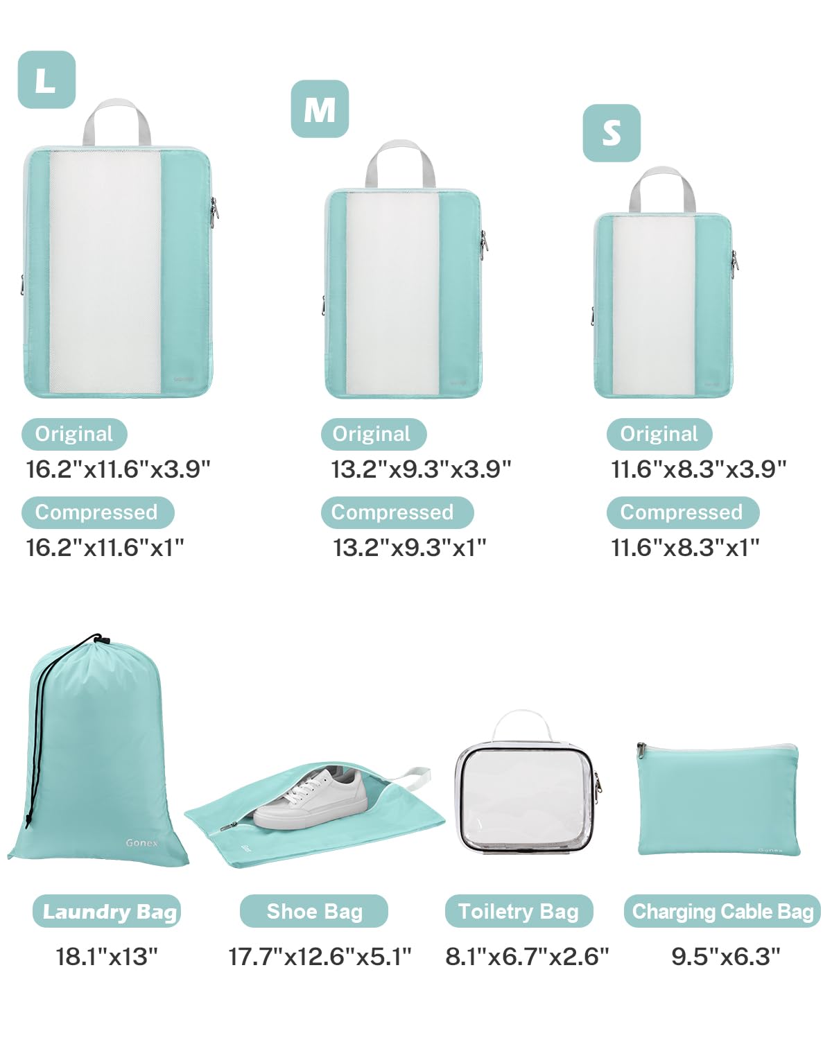 Gonex 8 Set Compression Packing Cubes for Travel, Expandable Mesh Packing Organizer for Travel Accessories Essentials with Toiletry Bag, Laundry Shoe Cable Bag for Suitcases, Grey Blue-green