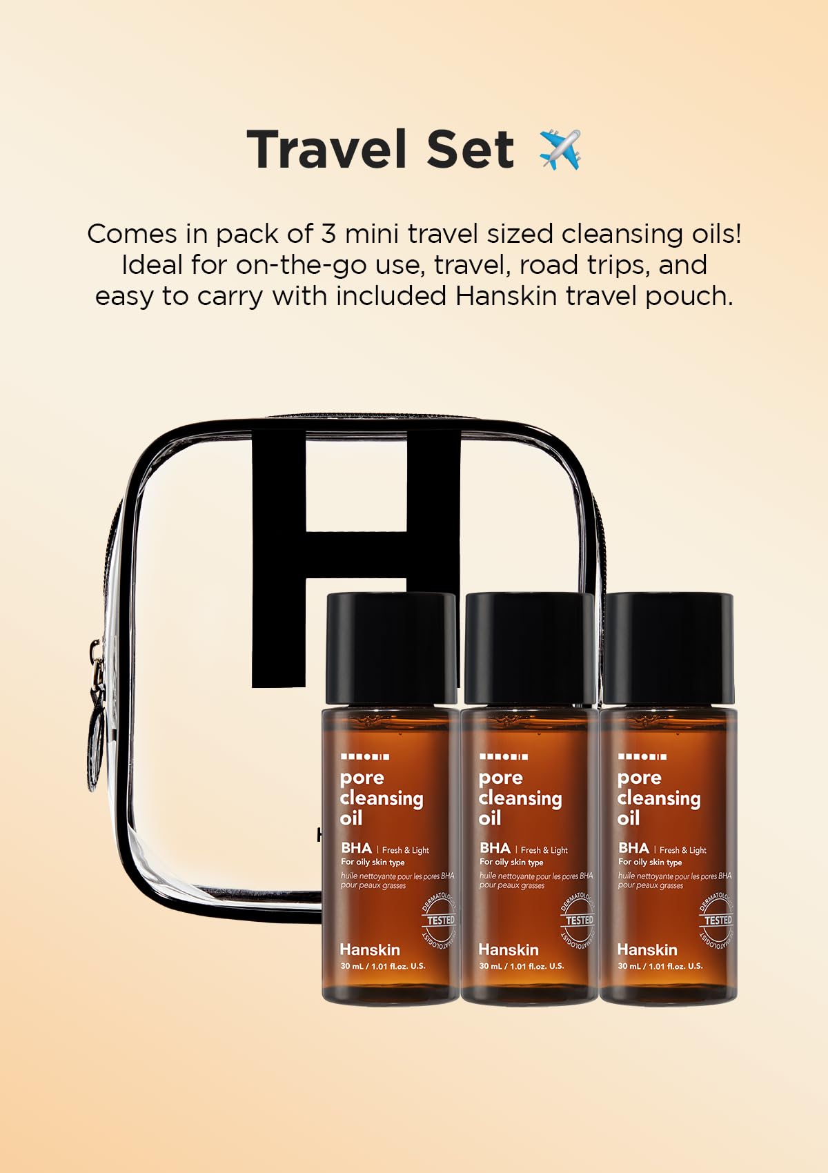 Hanskin BHA Pore Cleansing Oil, Sample Trial Size, Travel Size Mini Makeup Remover Set, Gentle Blackhead Cleanser for Combination and Oily Skin [30 ml/Pack of 3]