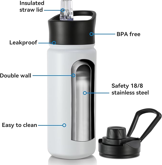 16 oz Insulated Water Bottle with Straw Lids, Stainless Steel Kids Water Bottles for School, Double Wall Vacuum Metal Water Bottle with Straw & Wide Mouth Lid, Polar 4 Pack