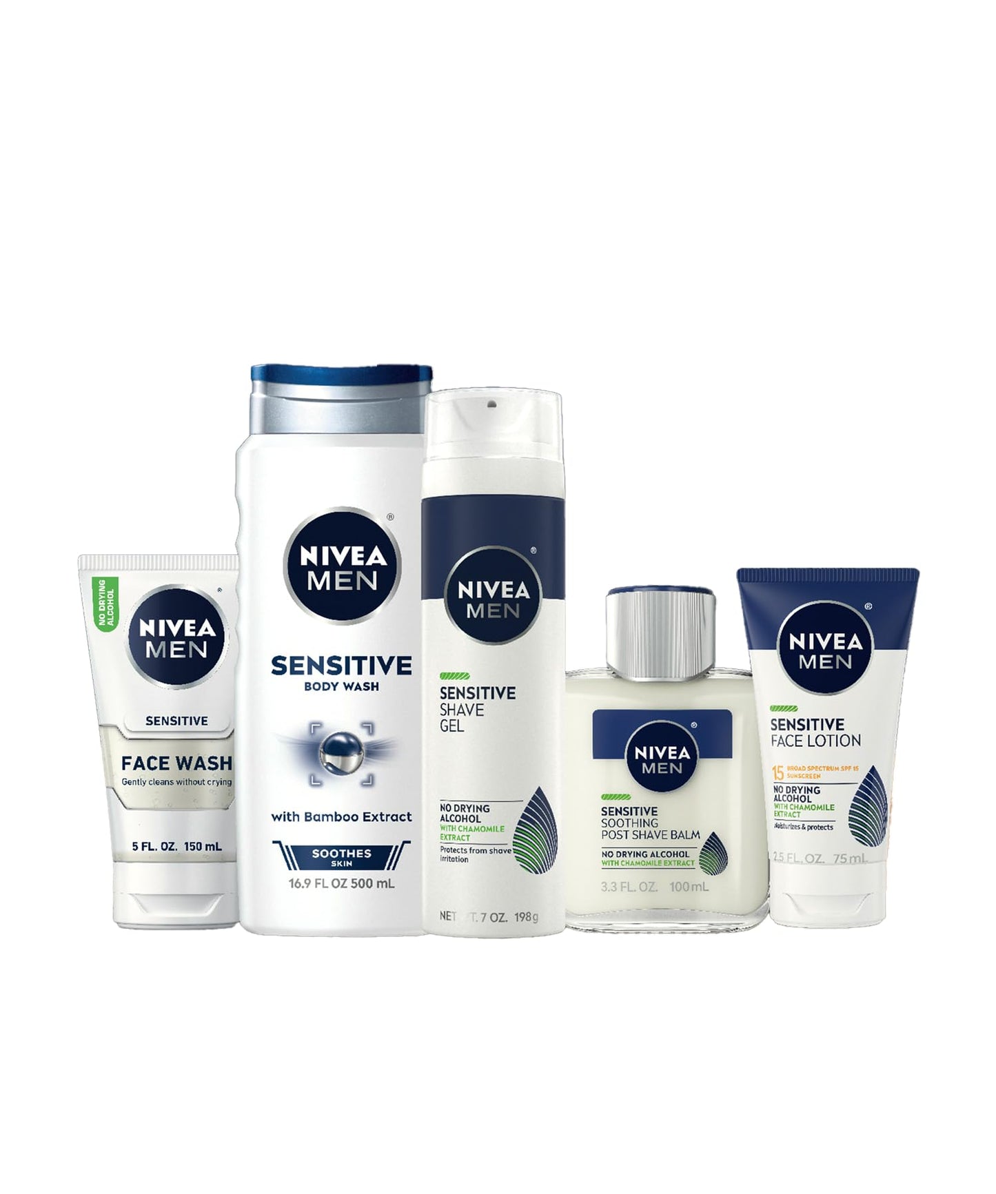 NIVEA MEN Sensitive Skin Care Set for Men, Face Wash, 5 Fl Oz + Body Wash, 16.9 Fl Oz + Shave Gel, 7 Oz + Soothing Post Shave Balm, 3.3 Fl Oz + Face Lotion SPF 15, 2.5 Fl Oz