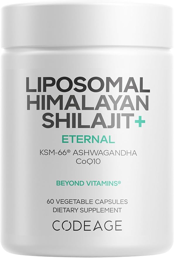 Codeage Liposomal Himalayan Shilajit+ Supplement - 500 mg Shilajit, KSM-66 Ashwagandha, CoQ10, Fulvic Ionic Minerals, Calcium, Magnesium, BioPerine - Liposomal Delivery - Non-GMO - 60 Capsules