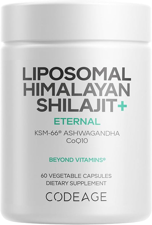 Codeage Liposomal Himalayan Shilajit+ Supplement - 500 mg Shilajit, KSM-66 Ashwagandha, CoQ10, Fulvic Ionic Minerals, Calcium, Magnesium, BioPerine - Liposomal Delivery - Non-GMO - 60 Capsules