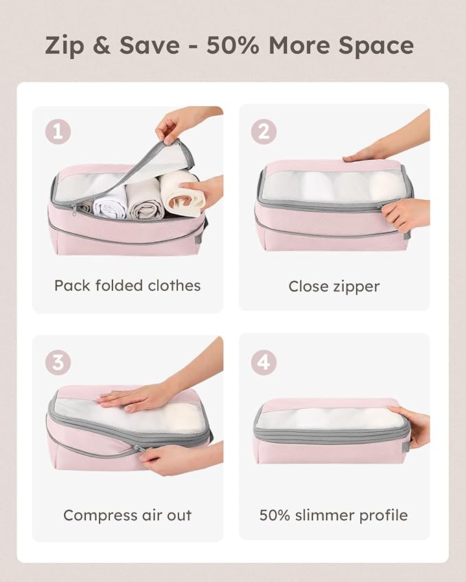 4 Set Compression Packing Cubes for Travel, Bonus Versatile Drawstring Backpack, Lightweight Luggage Organizer Bags, Sturdy Travel Accessories for Suitcase, Pink