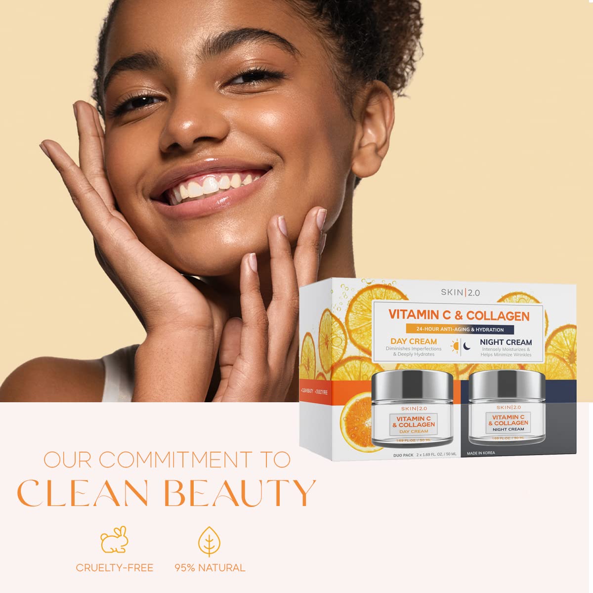 Skin 2.0 Vitamin C & Collagen Day & Night Face Moisturizer Cream - Dermatologist Tested, Brightening, Anti-Aging, Clean Beauty, Cruelty-Free Korean Skincare for All Skin Types - 1.69 oz (2-Pack)