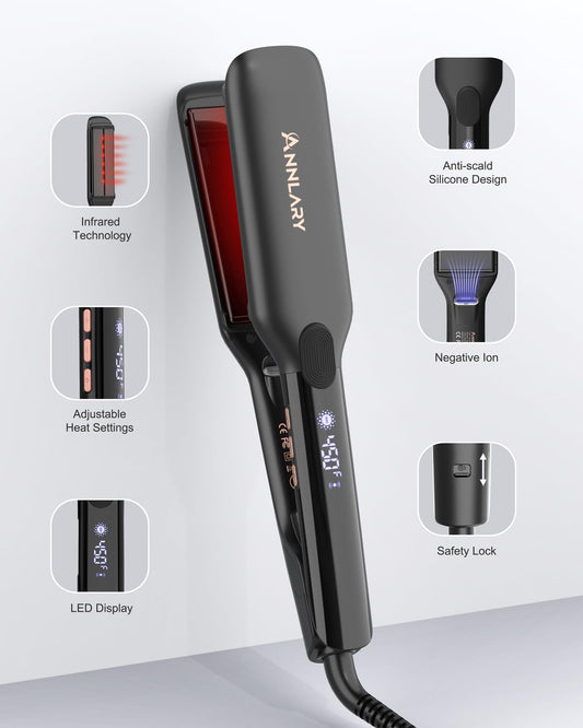 ANNLARY Hair Straightener, 1.75 Inch Flat Iron with Infrared and Ionic Technology, Titanium Plate with Ceramic Coating Dual Voltage Straightener with Heat-Resistant Silicone for All Hair Types