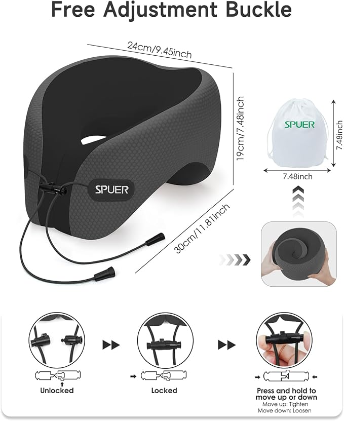 Travel Pillows for Airplanes, Neck Pillow Airplane, Airplane Travel Accessories with Eye Mask, Earplugs & Storage Bag, Ergonomic Memory Foam Neck Pillow for Sleeping, Flights, Cars (Dark Gray & Black)