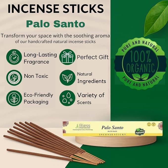 Bless-Palo-Santo 100%-Natural-Handmade-Hand-Dipped-Incense-Sticks Organic-Chemicals-Charcoal-Free Purification-Relaxation-Positivity-Yoga-Meditation Best-Woods-Scent (80 Sticks (4.20 OZ))