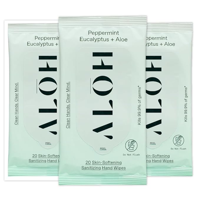 ALŌH Peppermint Eucalyptus + Aloe Sanitizing Hand Wipes - Clean Hands, Clear Mind On The Go Sanitizer for Kids and Adults - Travel Size 3 Pack 20ct Wipes (60 Wipes)