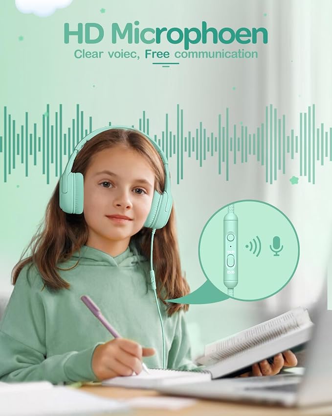 Kids Headphones for School Toddler Wired with Microphone Plug in Bulk Boys Headset Girls 3+ Year Old Green