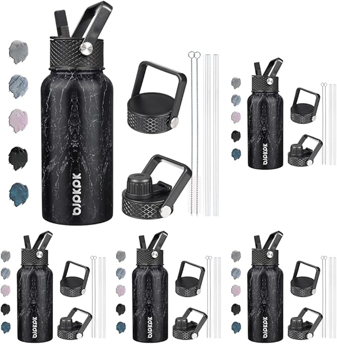 BJPKPK Insulated Water Bottles with Straw Lid, 27oz Stainless Steel Water Bottle with 3 Lids, Leak Proof BPA Free Metal Thermos Mug, Sports Water Bottle Keep Cold & Hot- Midnight (Pack of 5)